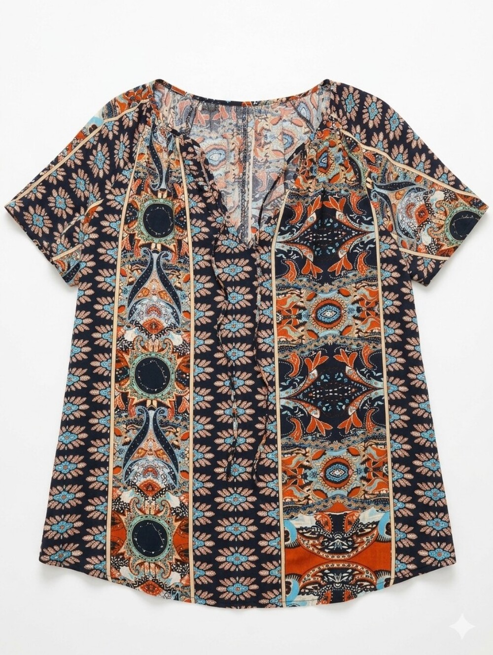 Boho Floral Patchwork Short-Sleeve Top - Navy & Rust Sz 1XL
